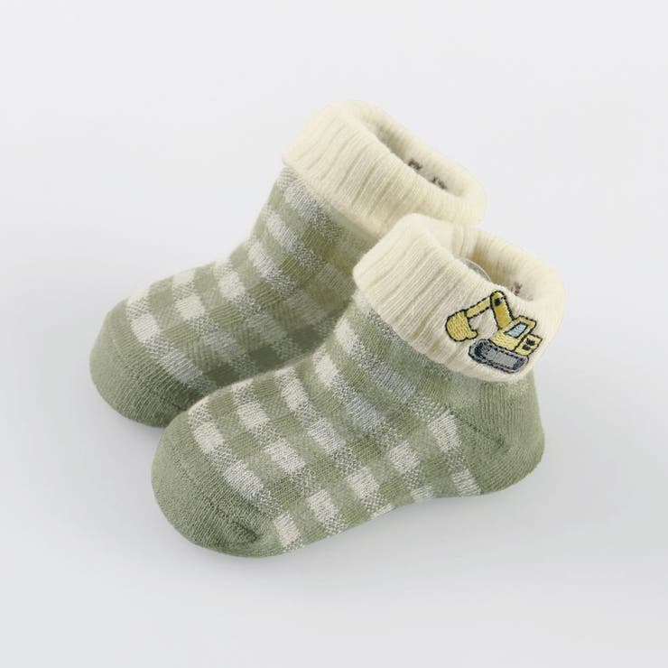 カーキグリーン | 【ベビー】ショベルカー刺繍 足型ソックス 靴下 | ブランシェス
