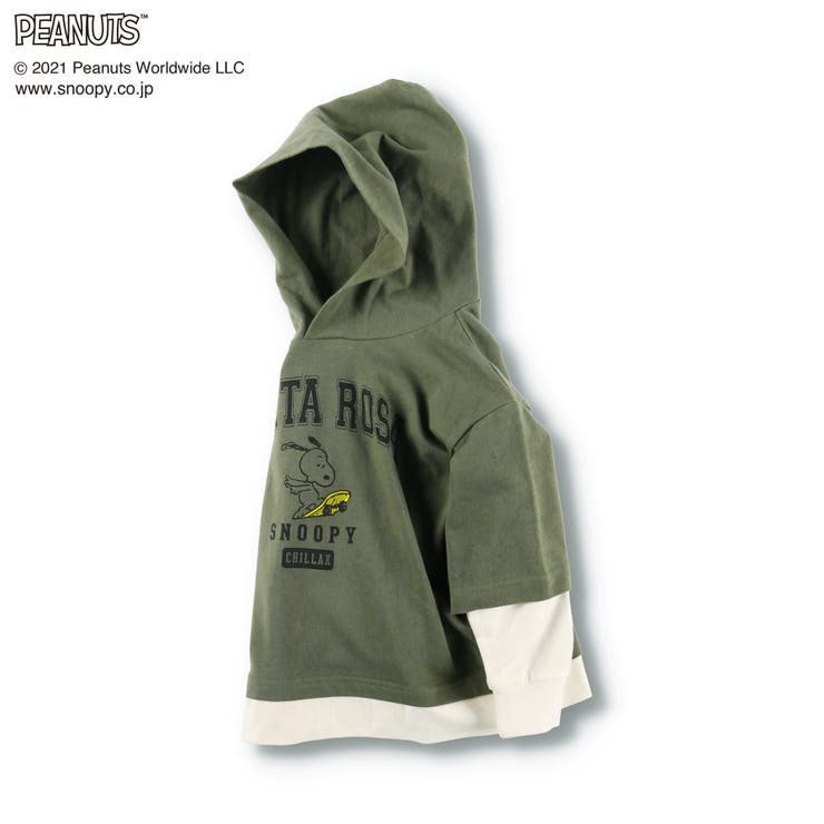 PEANUTS】スヌーピー重ね着風フード付き長袖Tシャツ ロンT[品番 