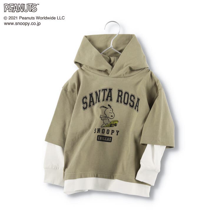 PEANUTS】スヌーピー重ね着風フード付き長袖Tシャツ ロンT[品番 