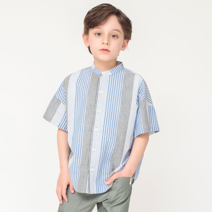 先染めマルチストライプ半袖シャツ 子供服 キッズ[品番：BRSK0003416