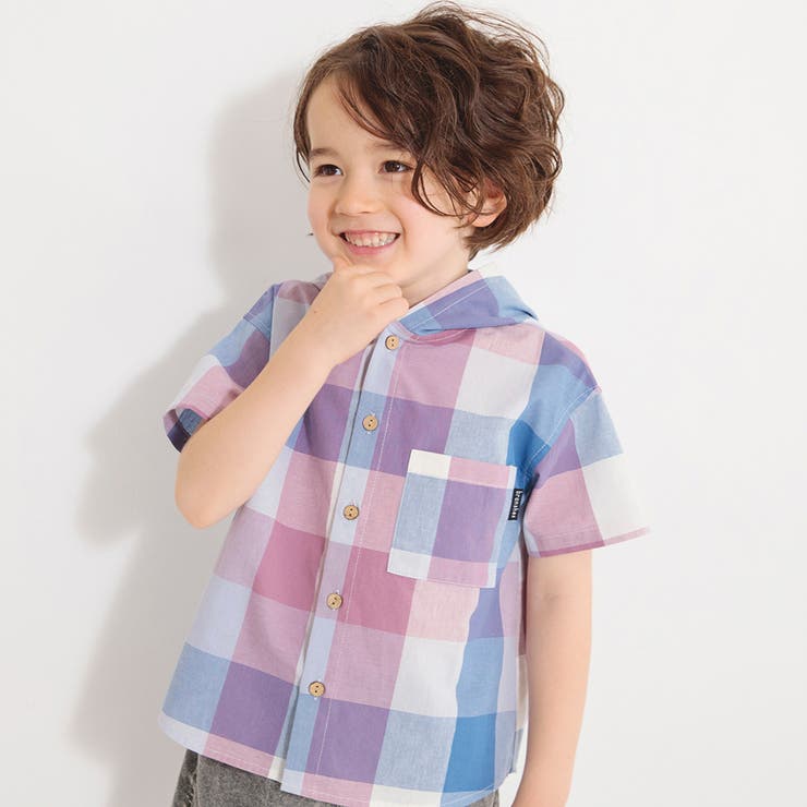 ブルー | 【おそろい】マドラスチェック柄半袖シャツパーカー | ブランシェス