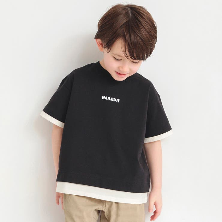 ブラック | 【ロイヤルコットン100％】レイヤード風半袖Tシャツ | ブランシェス