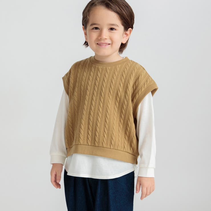 ベージュ | ケーブルニットベスト/長袖Tシャツ トップスセット | ブランシェス