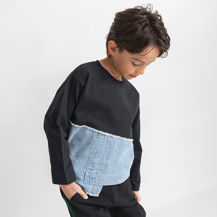 ブラック | 【デニム×コットン】異素材レイヤード長袖Tシャツ キッズ 男の子 | ブランシェス