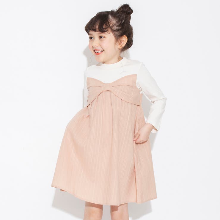 ペア】リボンデザインドッキングワンピース 子供服 キッズ[品番