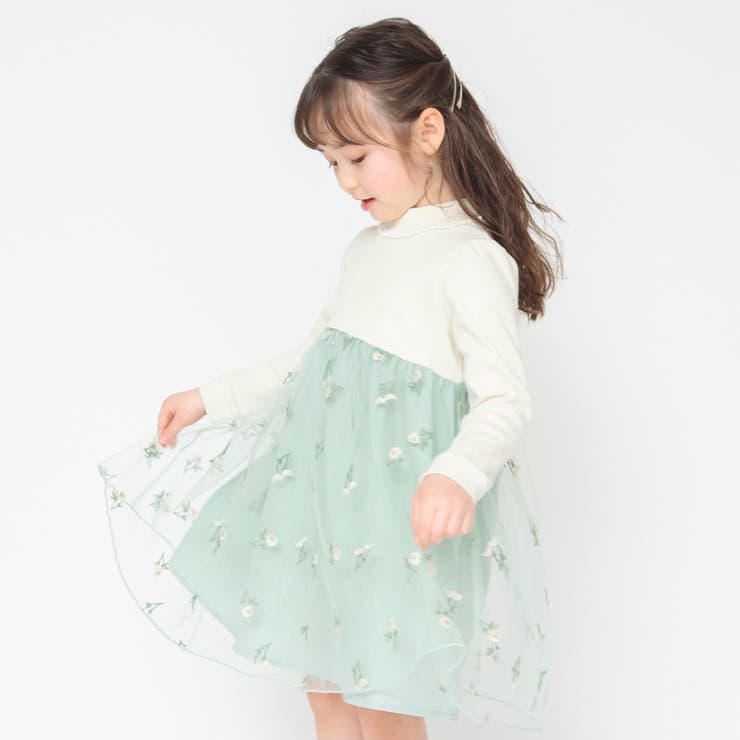 プチキメ服】チュール長袖ワンピース 子供服 キッズ[品番：BRSK0003213