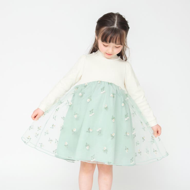 プチキメ服】チュール長袖ワンピース 子供服 キッズ[品番：BRSK0003213