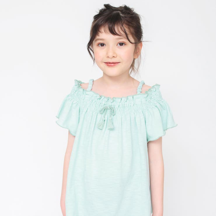 ライトグリーン | シャーリングオフショダーTシャツ 子供服 キッズ | ブランシェス