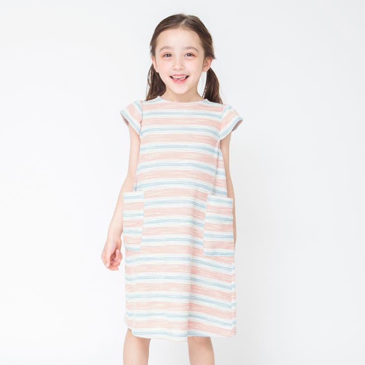 オレンジ | 【ペア/お揃い】マルチボーダーツイード半袖ワンピース 子供服 キッズ | ブランシェス
