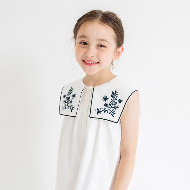 セーラー衿刺繍ワンピース 子供服 キッズ[品番：BRSK0003547