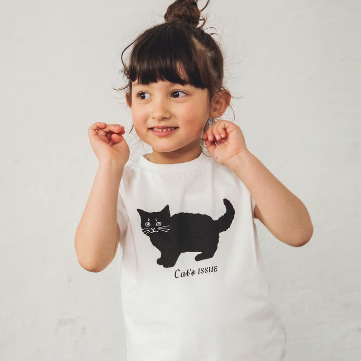 黒ネコプリントフレンチスリーブTシャツ 子供服 キッズ[品番