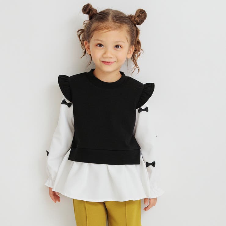 ブラック | リボン付き重ね着風トップス | ブランシェス