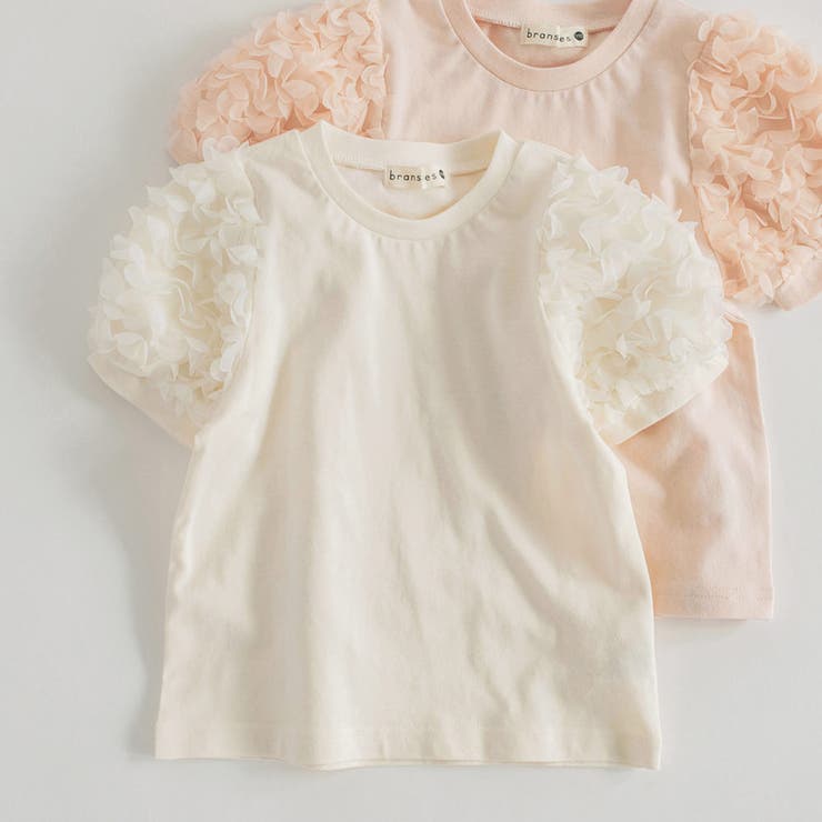 アイボリー | 袖フラワーチュール半袖Tシャツ 春 トップス | ブランシェス