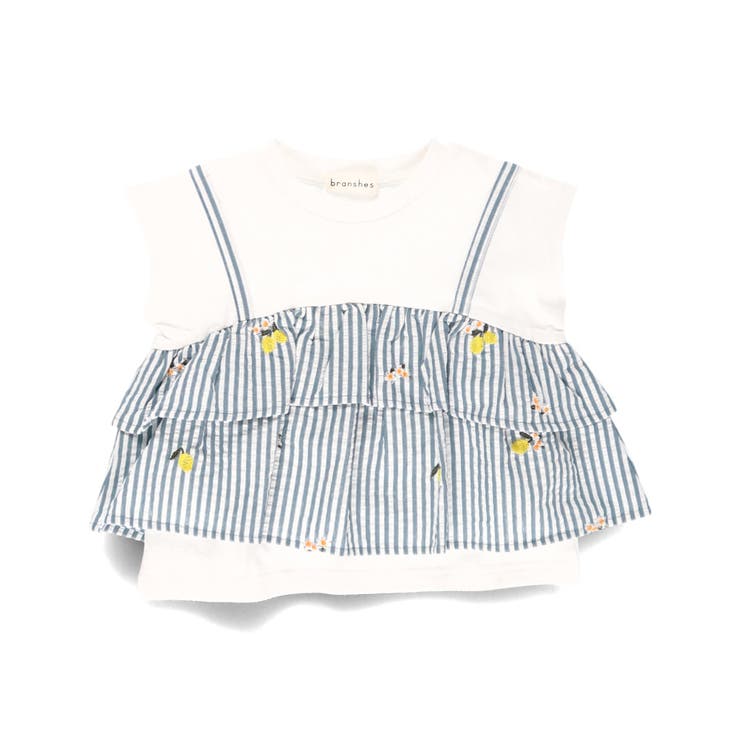 オフホワイト | 【おそろい】レモン＆フラワー総柄刺しゅうドッキングTシャツ | ブランシェス