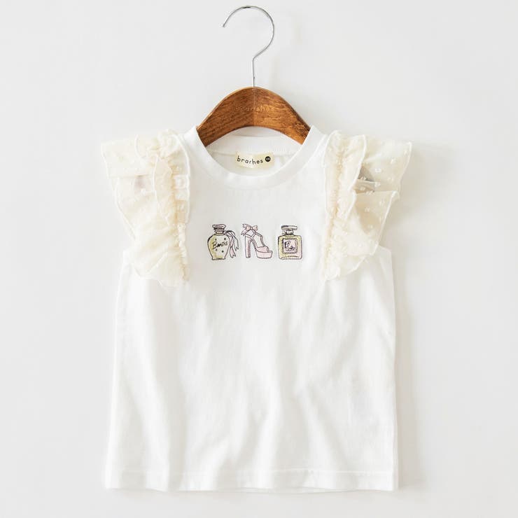オフホワイト | モチーフ刺繍肩フリルTシャツ/JUN IIDA/綿100%/シフォン | ブランシェス