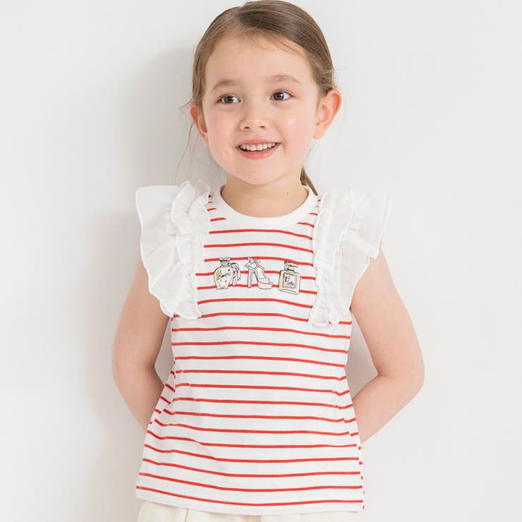 レッド | モチーフ刺繍肩フリルTシャツ/JUN IIDA/綿100%/シフォン | ブランシェス