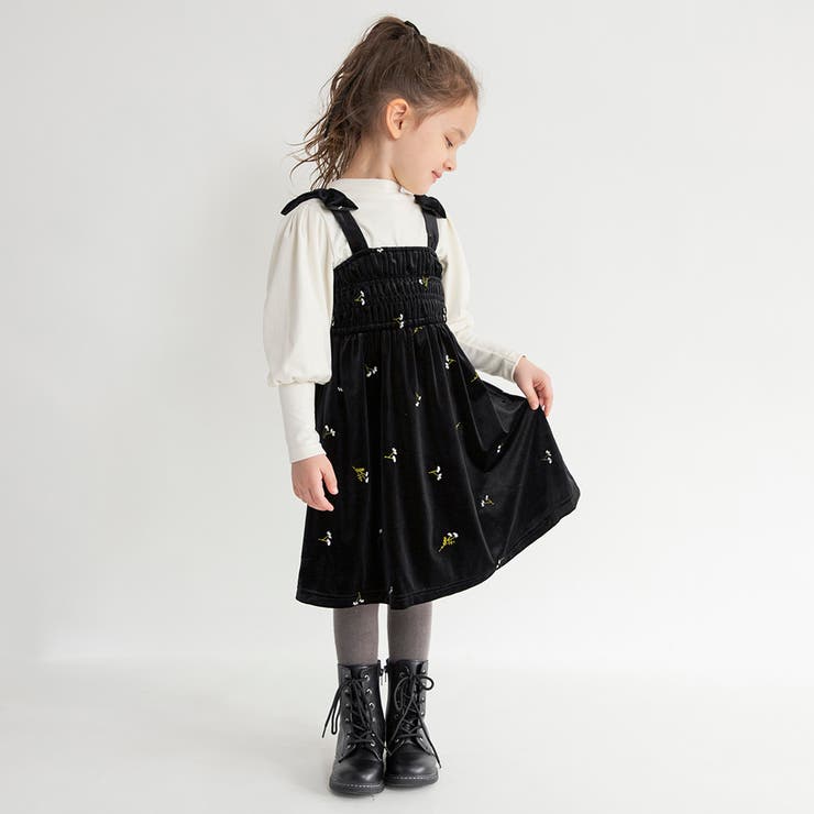 ブラック | 花柄刺しゅうベロア ジャンパースカート キッズ | ブランシェス