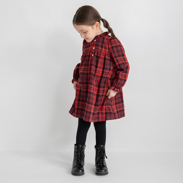 チェック柄胸切替ワンピース/150cm/女の子/起毛[品番：BRSK0009254