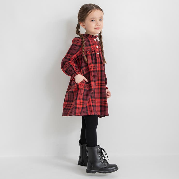 チェック柄胸切替ワンピース/150cm/女の子/起毛[品番：BRSK0009254