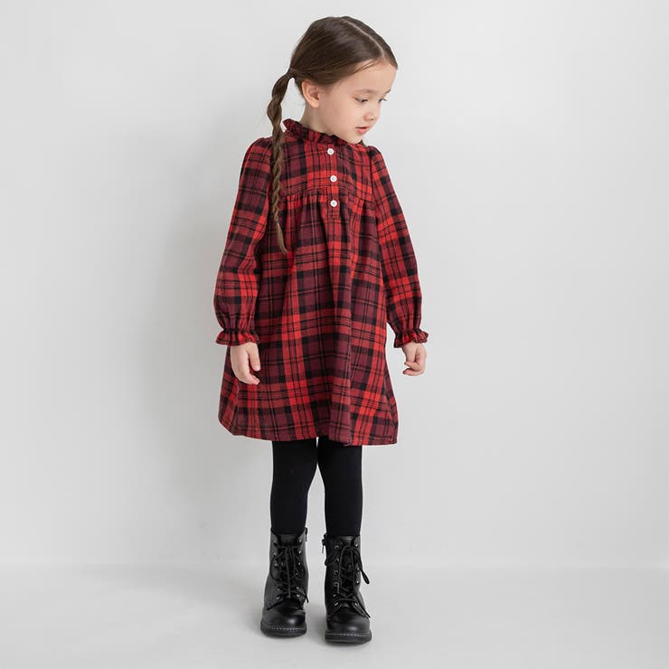 レッド | チェック柄胸切替ワンピース/150cm/女の子/起毛 | ブランシェス
