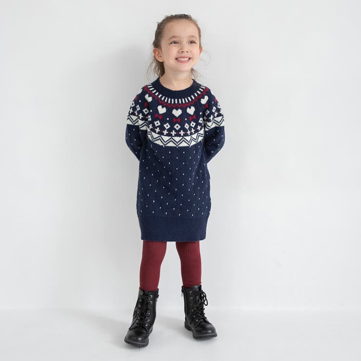 【マシンウォッシャブル】ノルディック風ハート柄ニットワンピース | ブランシェス | 詳細画像1 