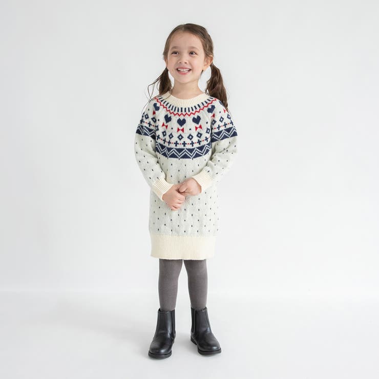 アイボリー | 【マシンウォッシャブル】ノルディック風ハート柄ニットワンピース | ブランシェス