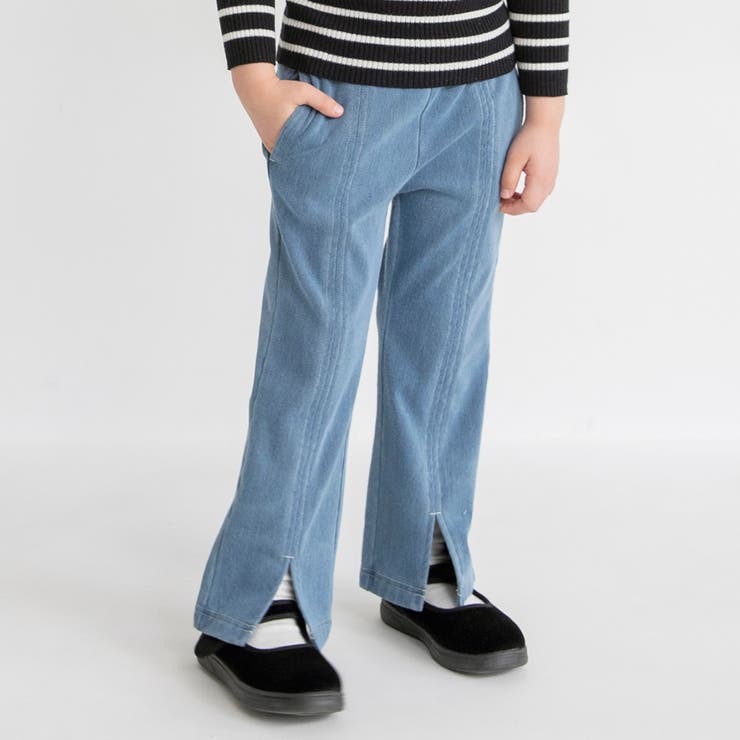 ブルー | スリット入りフレア裏起毛パンツ デニム ロングパンツ | ブランシェス