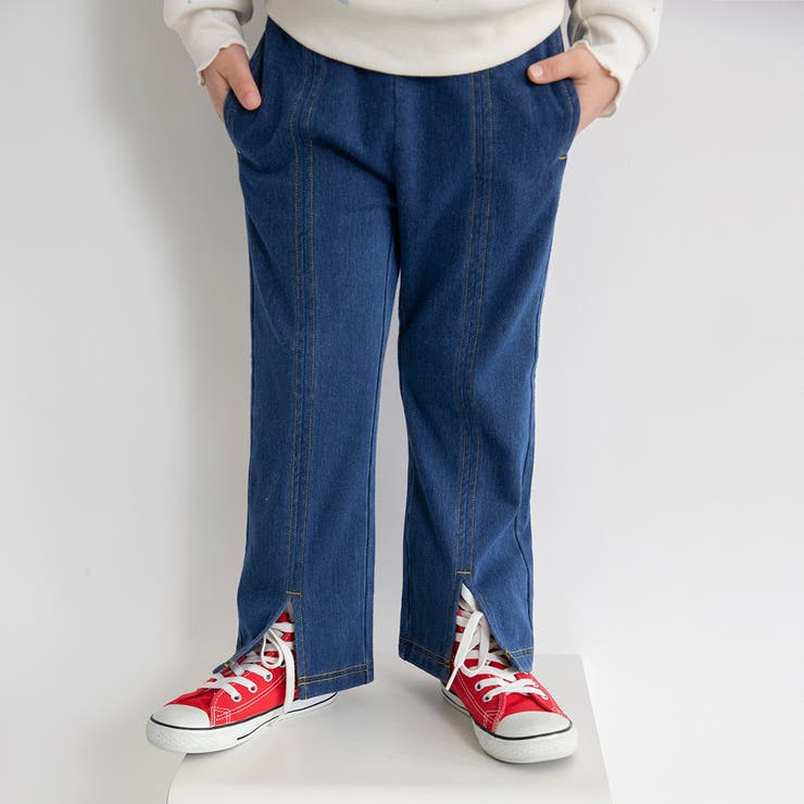 ネイビーブルー | スリット入りフレア裏起毛パンツ デニム ロングパンツ | ブランシェス