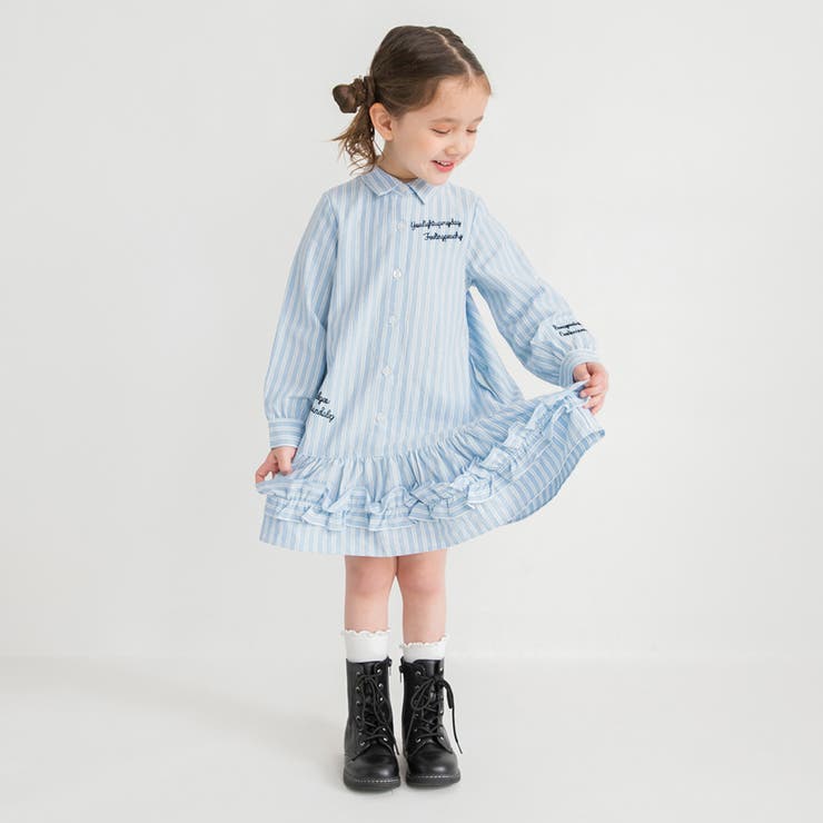 サックス | 【おそろい】ストライプ柄ロゴ刺しゅうワンピース キッズ 女の子 | ブランシェス