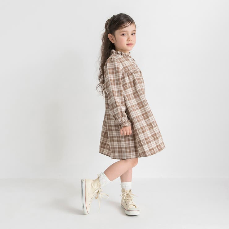 ベージュ | チェック柄胸切替ワンピース | ブランシェス