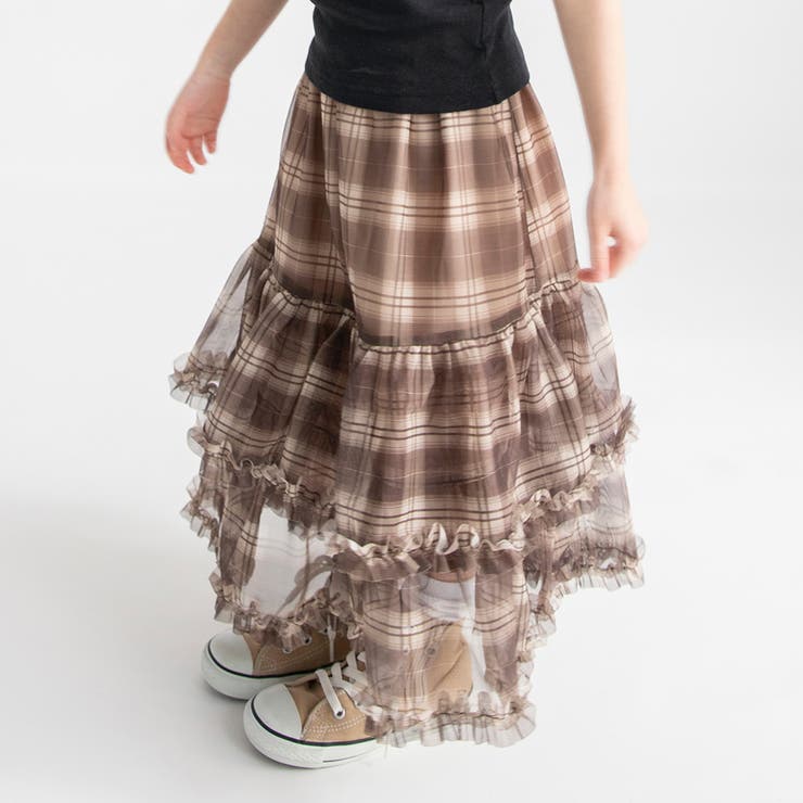 ベージュ | チェックチュールフリルティアードスカート | ブランシェス