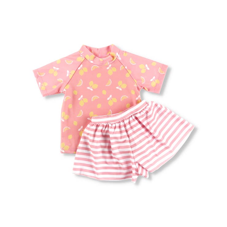 ピンク | 【水着】レモン柄半袖ラッシュガード×ボーダーキュロットセット 子供服 キッズ | ブランシェス