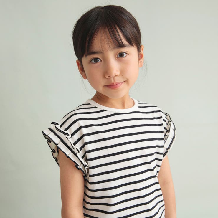 91:ボーダー-オフホワイト | 【WEB限定/DRC/やわらか天竺】袖タックフリル半袖Tシャツ | ブランシェス