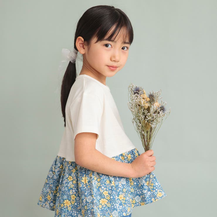 04:花柄-アイボリー | 【WEB限定/DRC/やわらか天竺】柄フリル切替半袖Tシャツ | ブランシェス