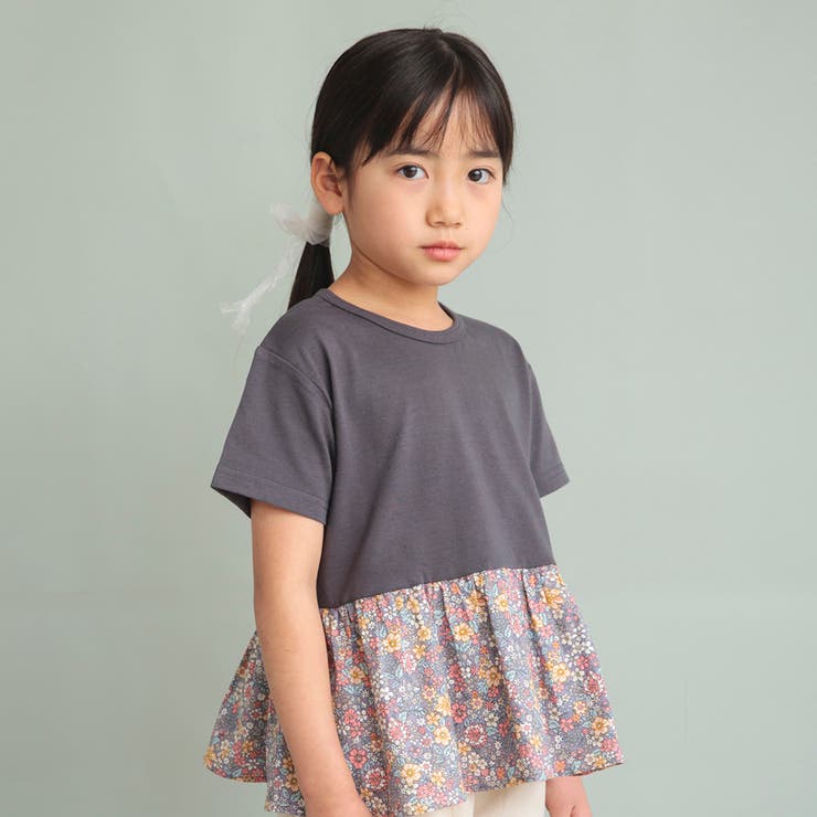 78:花柄-チャコールグレー | 【WEB限定/DRC/やわらか天竺】柄フリル切替半袖Tシャツ | ブランシェス