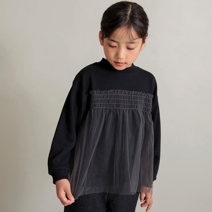 ブラック | 【WEB限定/DRC/やわらか薄手裏毛】チュールドッキングトレーナー | ブランシェス