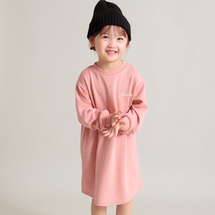 ピンク | 【DRC/やわらか薄手裏毛】ワンポイント刺繍長袖ワンピース | ブランシェス