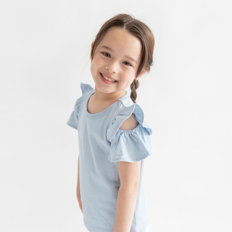 20:サックス | 【DRC/WEB限定】肩あきフリル半袖Tシャツ | ブランシェス