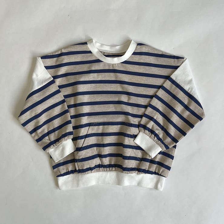 ブルー | 袖切替フロントポケット ボーダー長袖Tシャツ | ブランシェス