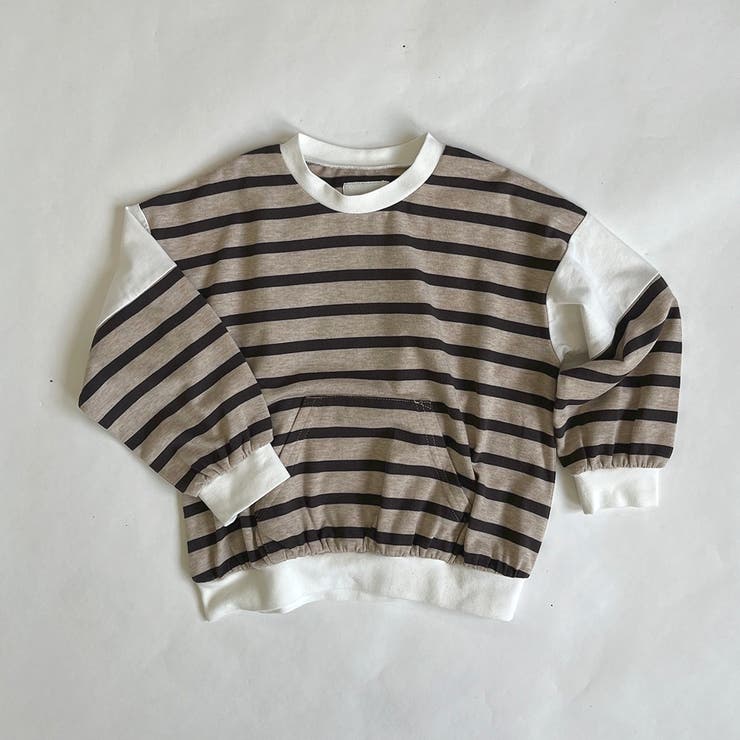 チャコールグレー | 袖切替フロントポケット ボーダー長袖Tシャツ | ブランシェス