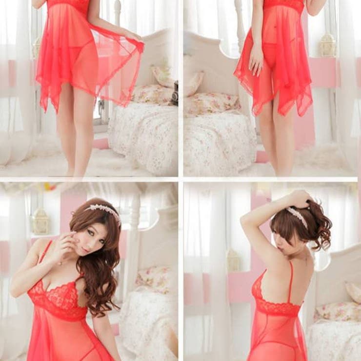 セクシー雑貨 透け感レースベビードール＆Tバックショーツセット(レッド) | bright wrist  | 詳細画像3 