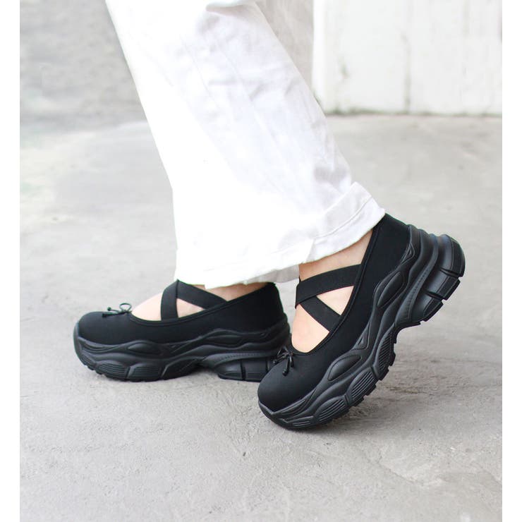 バレエスニーカー 厚底クロスリボンメリージェーン スニーカー[品番