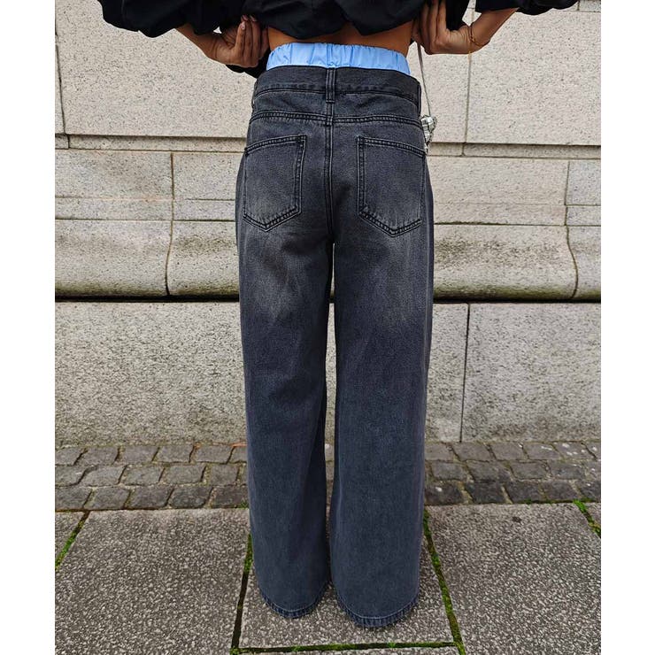 レイヤードデニムワイドパンツesutoreja ボトム スタイルアップ