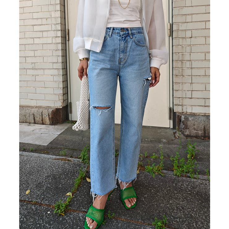 ライトブルー | クラッシュダメージデニムesutoreja ボトム スタイルアップ | BUYSENSE