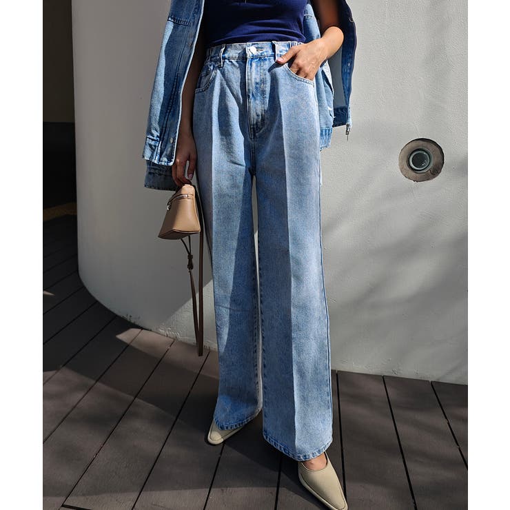 ライトブルー | センタープレスワイドデニムesutoreja ボトム スタイルアップ | BUYSENSE