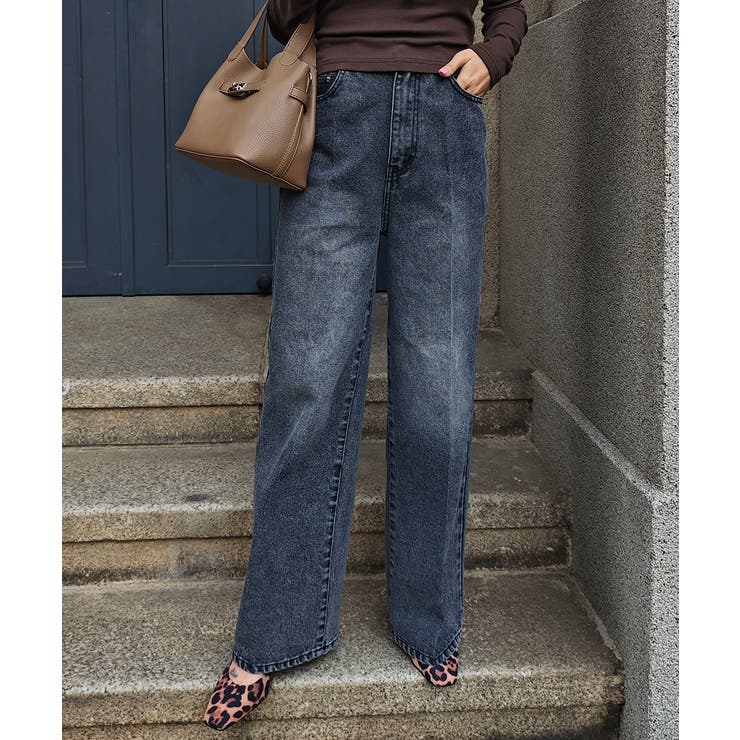 ブラック | センタープレスワイドデニムesutoreja ボトム スタイルアップ | BUYSENSE