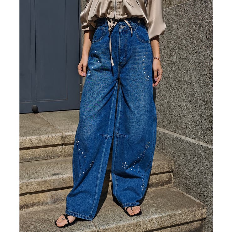 ブルー | スタッズカーブデニムパンツesutoreja ボトム スタイルアップ | BUYSENSE