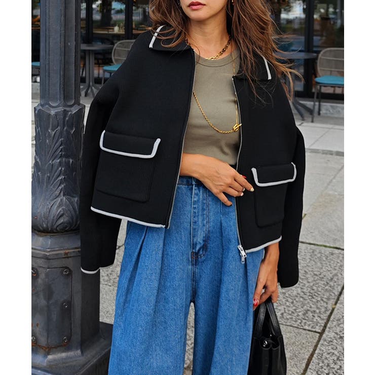 ブラック | ダブルジップニットブルゾンesutoreja カーディガン スタイルアップ | BUYSENSE