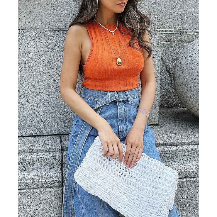 オレンジ | フリルナックノースリーブトップス esutoreja カットソー | BUYSENSE
