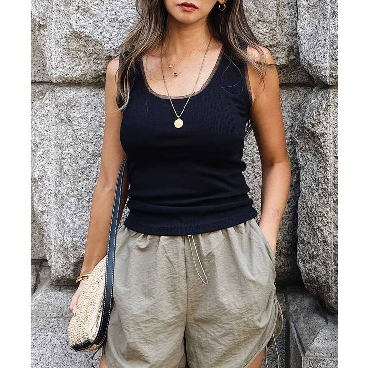 ブラック | チュールトリムリブタンクトップesutoreja カットソー レディース | BUYSENSE